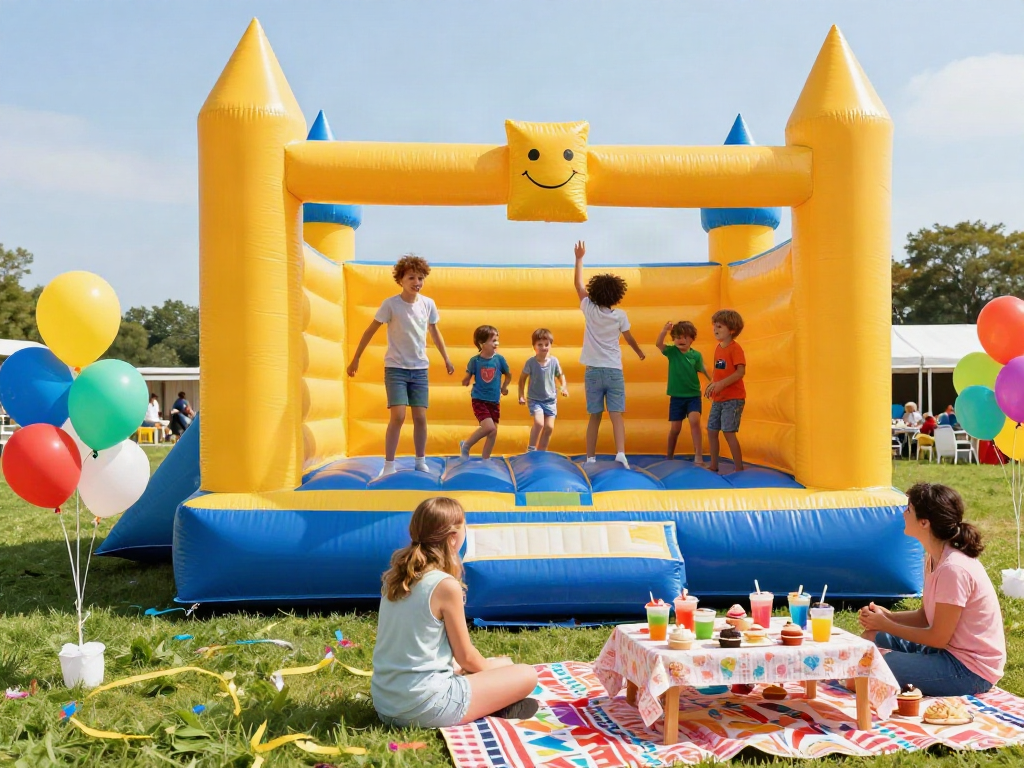 Children enjoying a bounce castle at a lively outdoor birthday party.