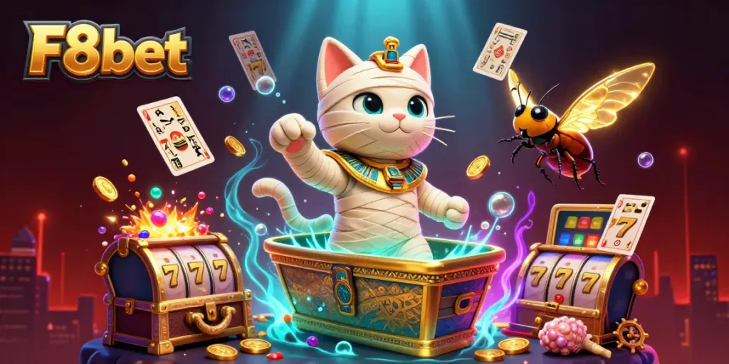 Experience F8bet's vibrant online gaming with a dynamic scene featuring an Egyptian mummy cat and a scarab beetle amidst golden riches.