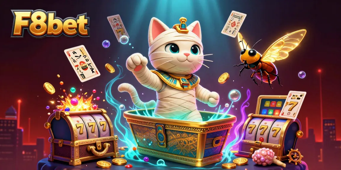 Experience F8bet's vibrant online gaming with a dynamic scene featuring an Egyptian mummy cat and a scarab beetle amidst golden riches.
