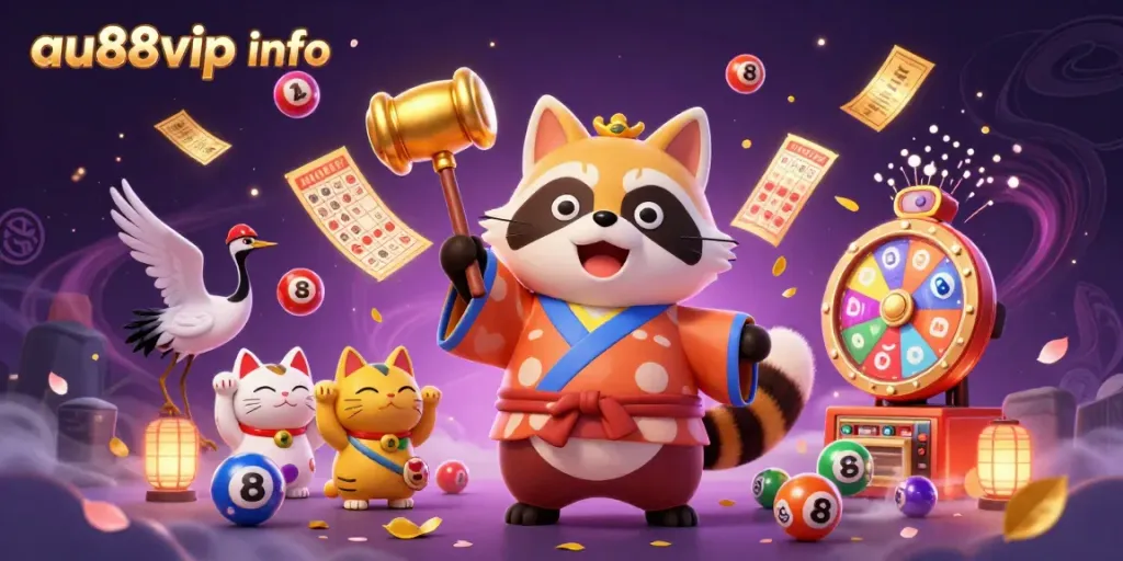 Play exciting games at au88vip info with vibrant scenes featuring a tanuki, crane, and colorful lottery elements.