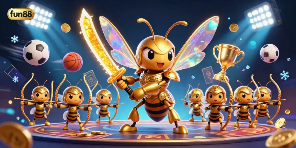 Experience thrilling sports betting action with fun88 through a vibrant 3D hornet-themed casino illustration.