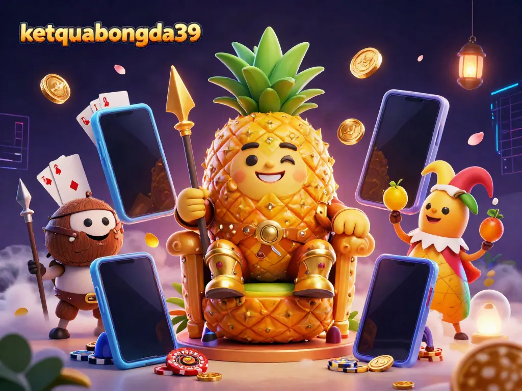 Experience the vibrant casino scene of ketquabongda39, featuring a golden pineapple king surrounded by dynamic gaming elements.