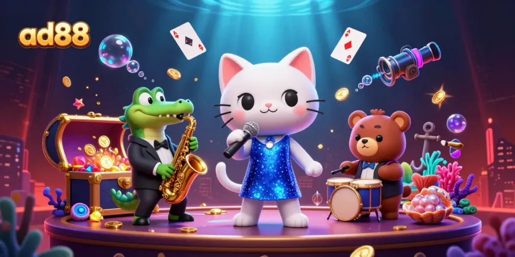 Join the thrilling world of ad88 with vibrant casino elements and animated characters in this exciting scene.