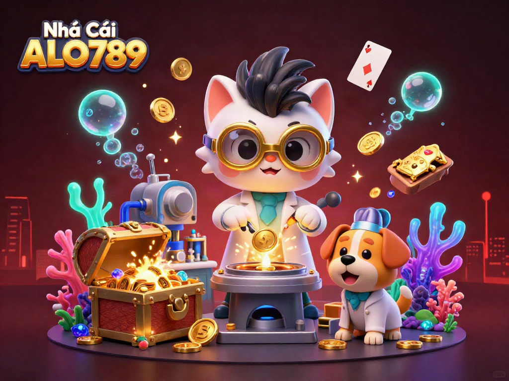 Experience the thrill of Nhà Cái ALO789 with lively characters surrounded by gold coins and vibrant casino elements.