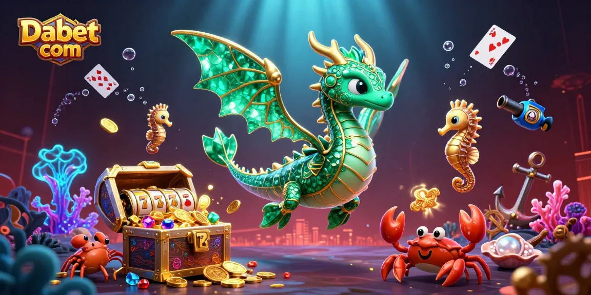 Win big at Dabet com with this vibrant scene showcasing games and treasures.