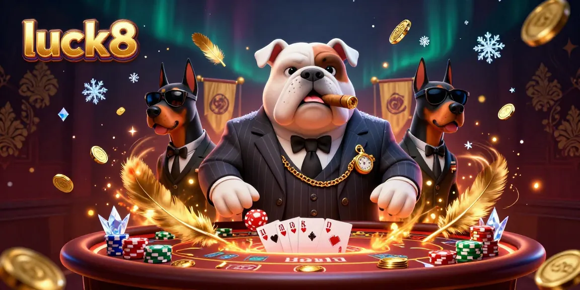 Engage in high-stakes betting at luck8 with a dynamic scene featuring a mafia boss bulldog and bodyguards at a lively poker table.