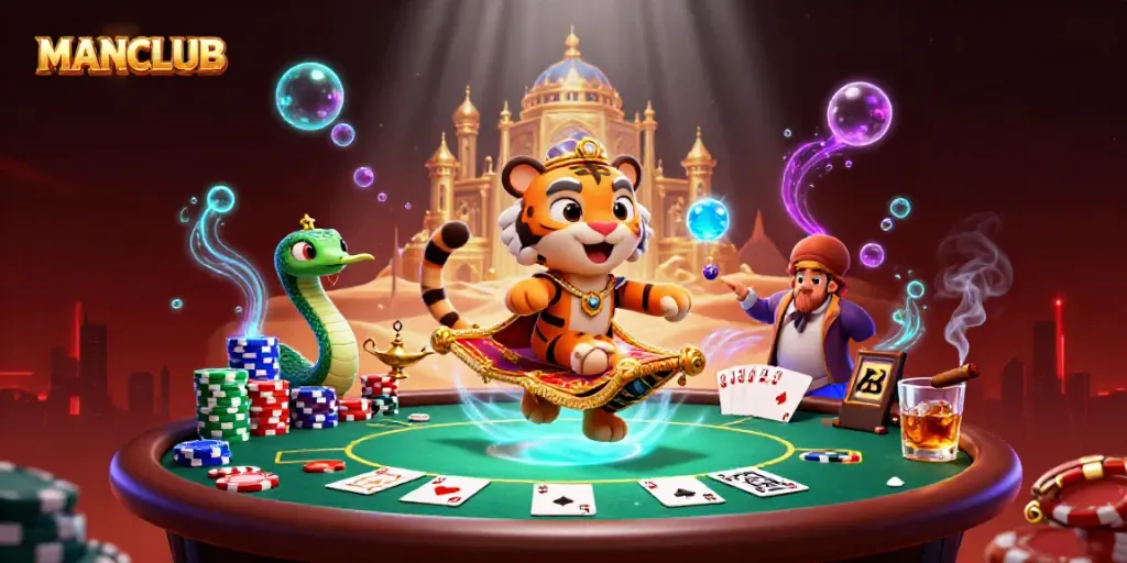 Engaging MANCLUB illustration of an Arabian Nights-themed tiger sultan with casino elements in a vibrant setting.