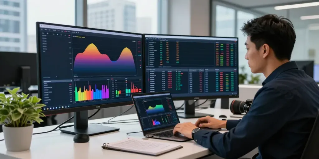 Traders utilizing slate capivex for AI-driven stock analysis in a modern office.