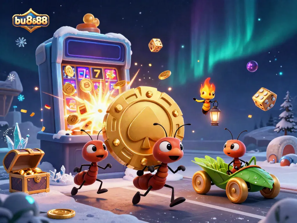 Gambling ants of bu8888 embarking on a casino heist with a giant poker chip and vibrant slot machine effects.