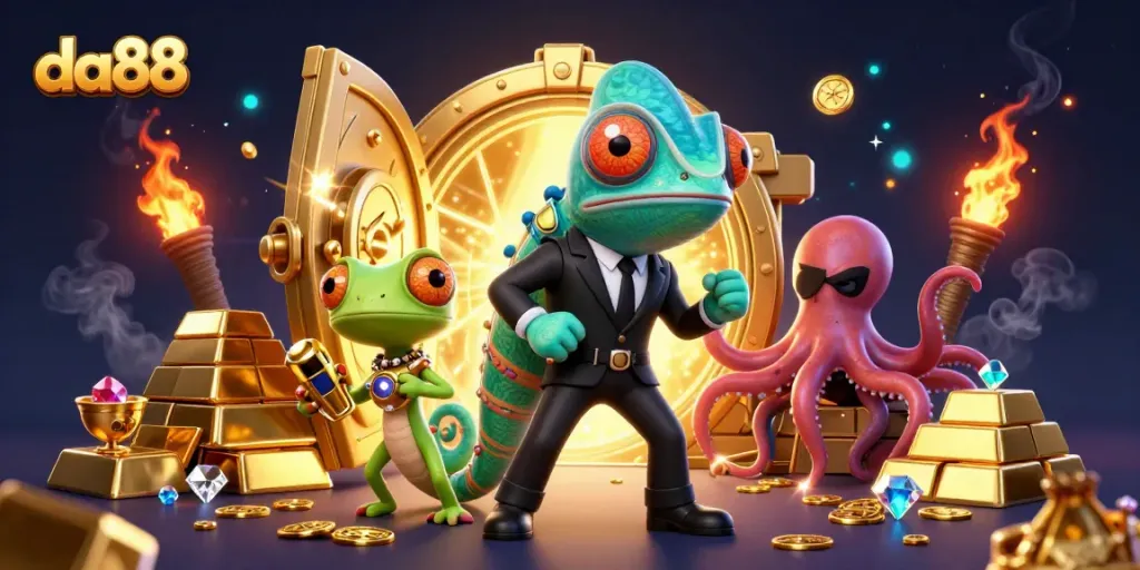 Experience thrilling action at da88 with vibrant characters amidst treasures in this 3D illustration.