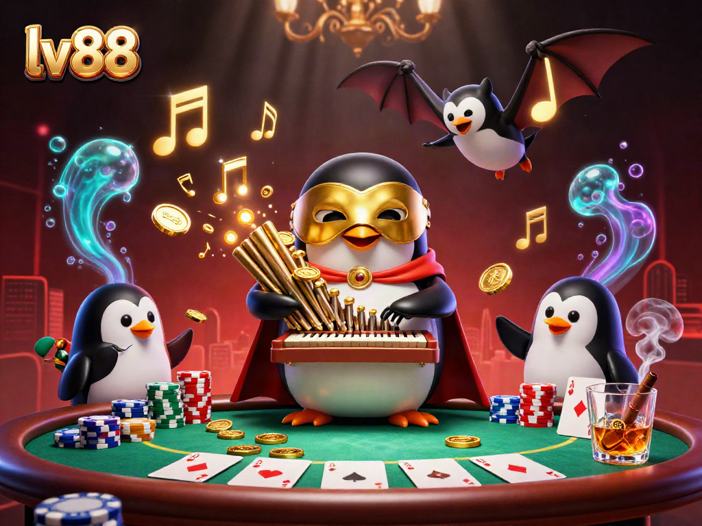 Experience thrilling gameplay at lv88 with a cartoon penguin creating golden musical notes and coins.