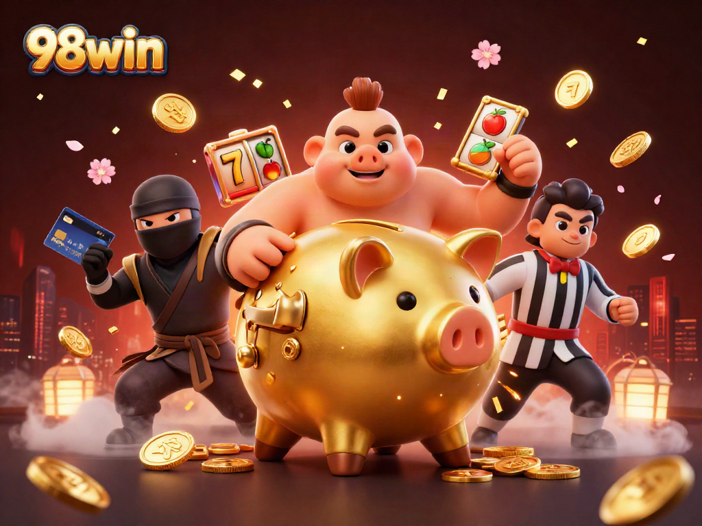 Experience the excitement of 98win with a dynamic illustration of a golden piggy bank sumo wrestler in action.