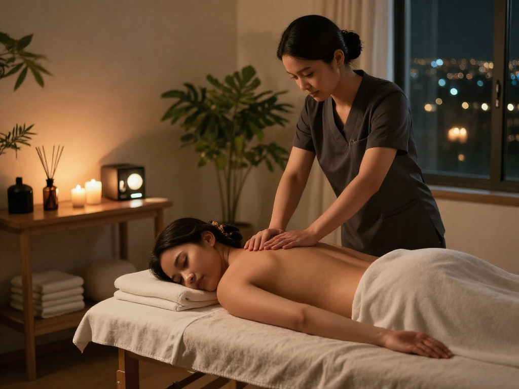 Professional therapist providing soothing 출장마사지 service in a calming at-home environment.
