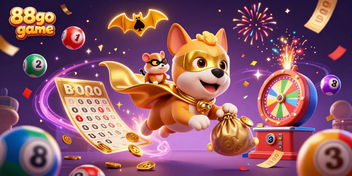Engage in the 88go game adventure with a superhero dog and hamster, surrounded by lottery elements.