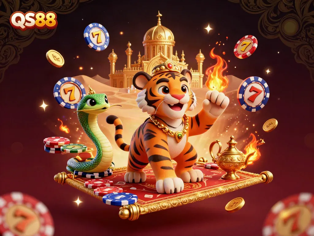 Experience the thrill of QS88 with a vibrant casino scene featuring a tiger sultan and dynamic slot elements.