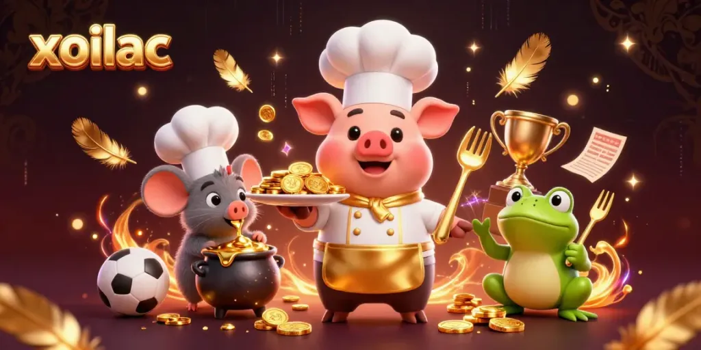 Xoilac offers dynamic sports betting scene with characters amidst gold coins and vibrant elements.