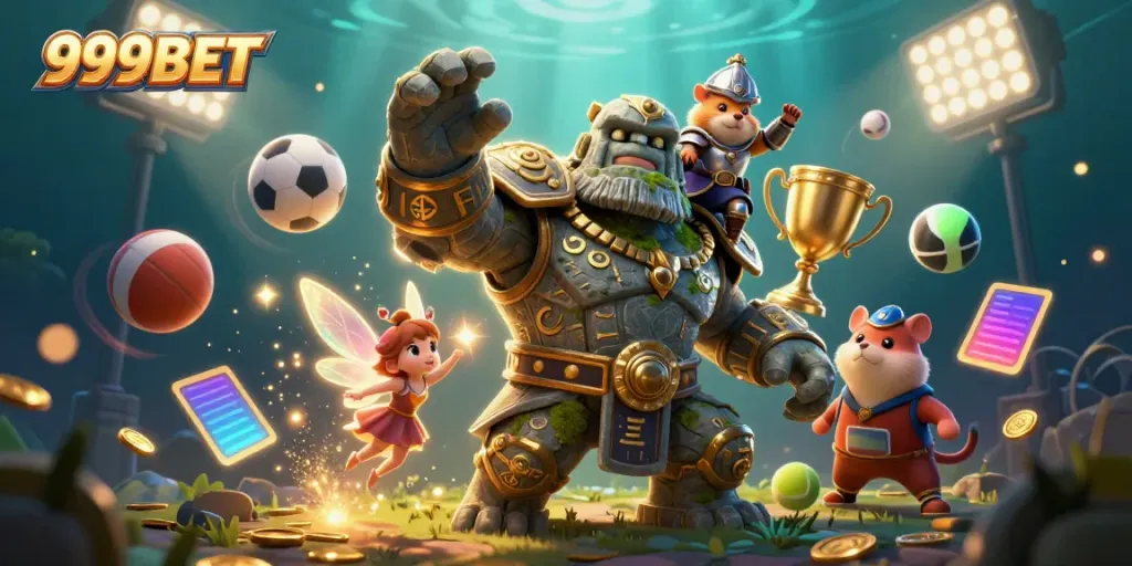 Engage with 999BET's vibrant 3D scene featuring a golem guardian, fairy, and hamster knight in a dynamic casino setting.