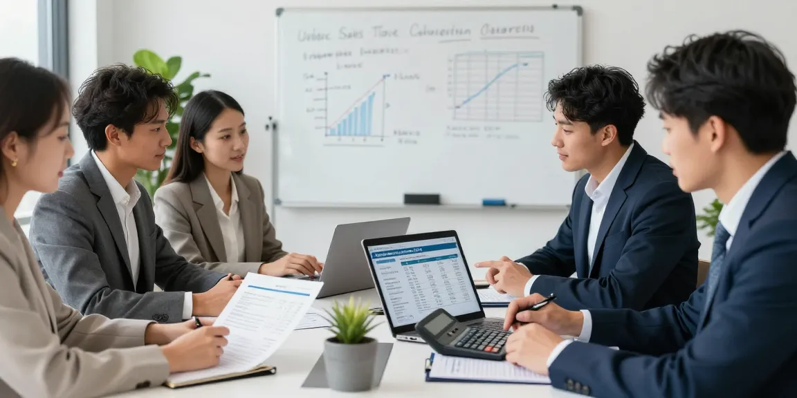 Business professionals using the quebec sales tax calculator 2026 in an engaging meeting, analyzing financial documents.