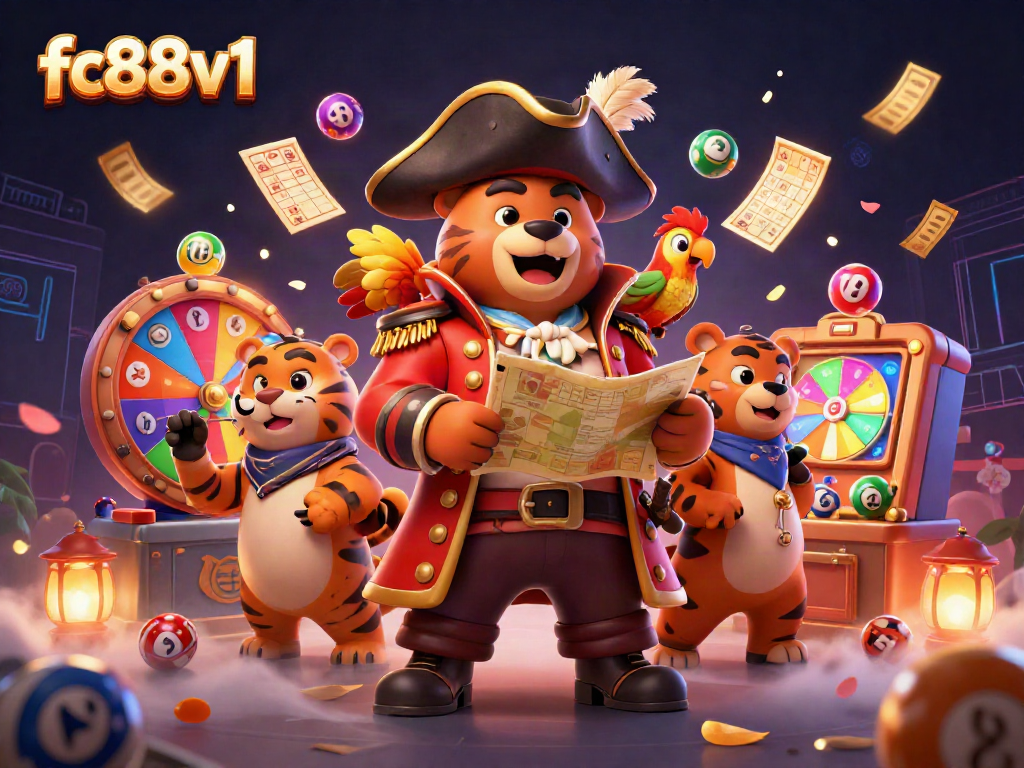 Unleash excitement with fc88v1 as a pirate bear and tiger explore a vibrant gambling scene.