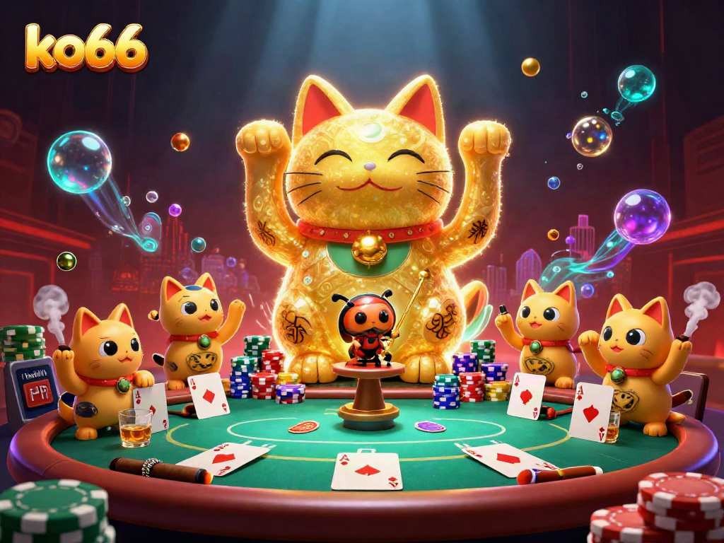 Experience the excitement of ko66 with a surreal illustration of a lucky cat and colorful casino elements.