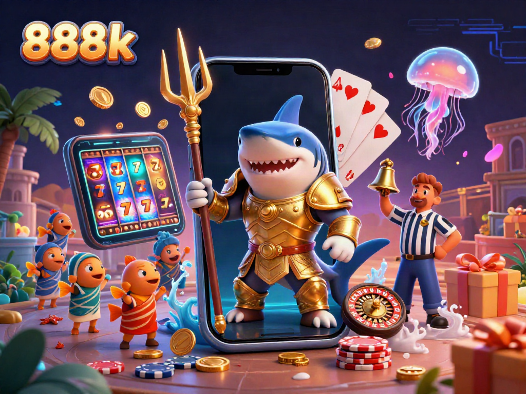 Engage in thrilling gameplay at 888k with a colorful underwater casino scene showcasing vibrant slot games and ocean-themed characters.