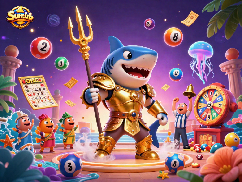 Experience thrilling prizes at Sumclub with a dynamic underwater casino scene featuring a gladiator shark and vibrant lottery elements.