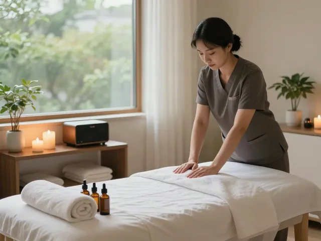 Relaxing scene of professional 용인출장마사지 setup with soothing candles and aromatherapy oils.