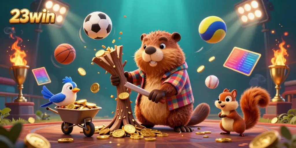 Experience the thrilling 23win casino with dynamic characters and golden rewards in this vibrant 3D illustration.