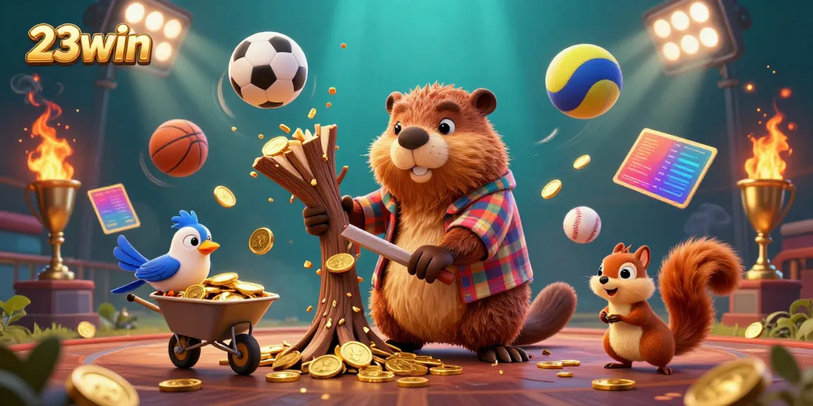 Experience the thrilling 23win casino with dynamic characters and golden rewards in this vibrant 3D illustration.