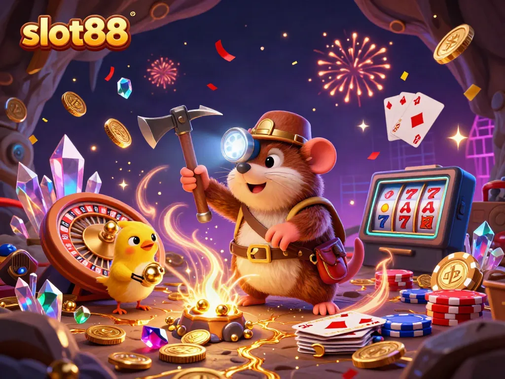Spin the reels on slot88 featuring a treasure hunter mole and dazzling gems for exciting jackpot thrills!
