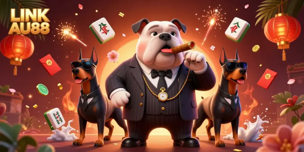 Engage in thrilling gaming with LINK AU88 as the mafia bulldog and bodyguards create a lively casino atmosphere.