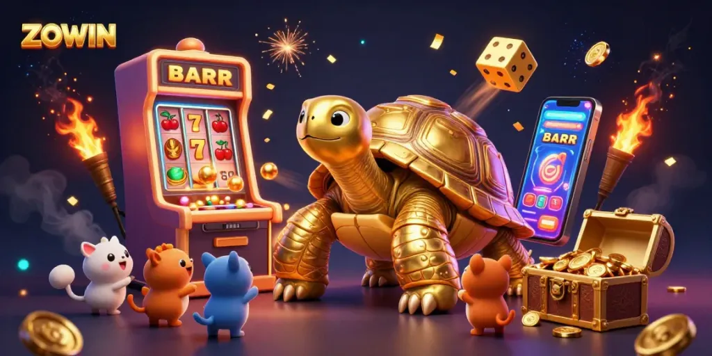 ZOWIN showcases a colorful jackpot scene with vibrant characters and casino elements.