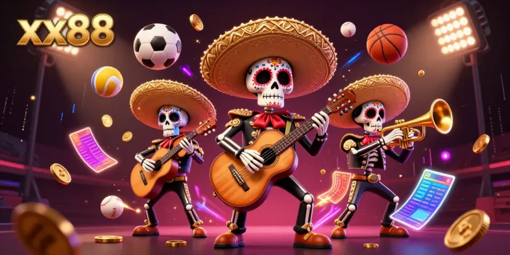 Experience the vibrant world of xx88 with a colorful mariachi band amidst dynamic sports betting elements.