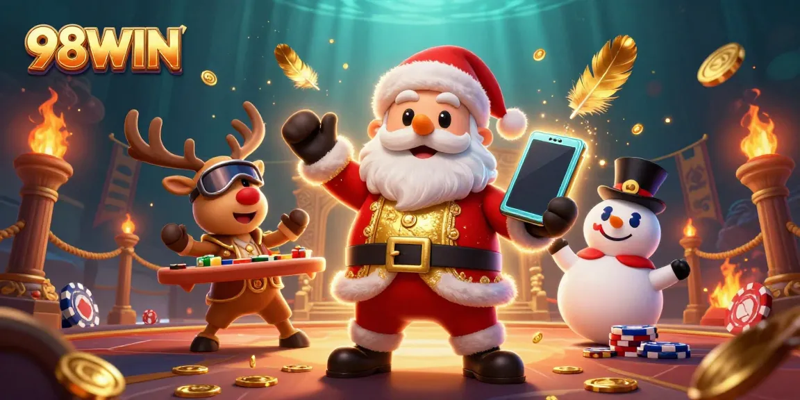 Experience thrilling slots at 98WIN with Santa Claus and friends in a vibrant casino scene.
