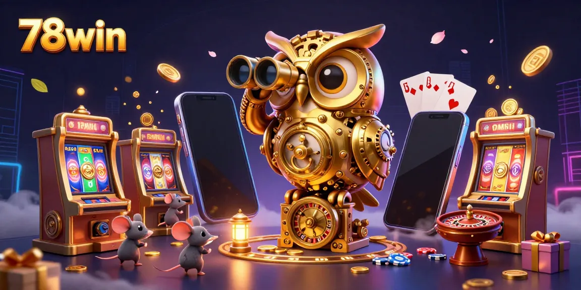 Engage with the vibrant world of 78win's casino as a golden owl scans a bustling gaming scene.
