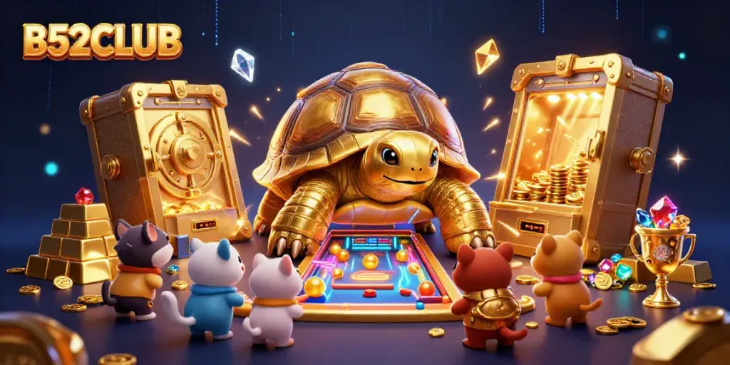 Engaging scene depicting B52CLUB's vibrant casino environment featuring a pinball tortoise with animated characters.