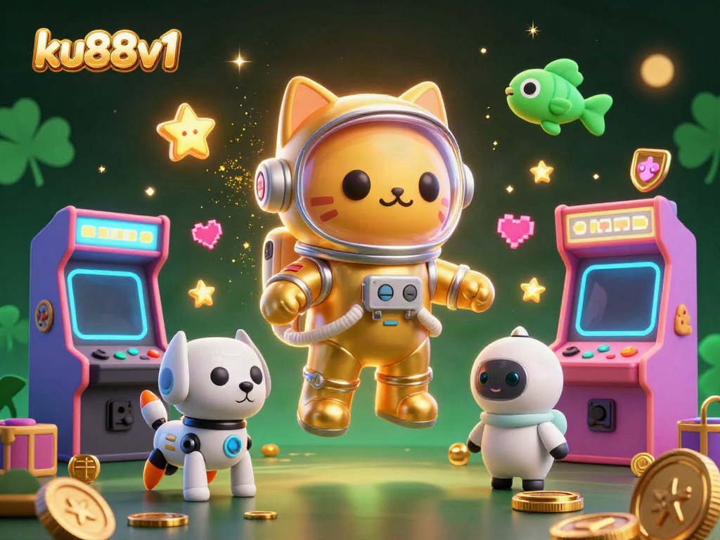 Experience excitement at ku88v1 with vibrant gaming elements featuring 3D characters diving into a cosmic casino.