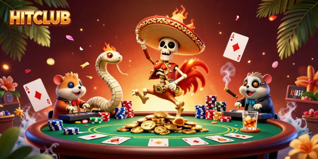 Engage in thrilling moments at HITCLUB with animated skeletons, vibrant poker scenes, and lively casino elements.