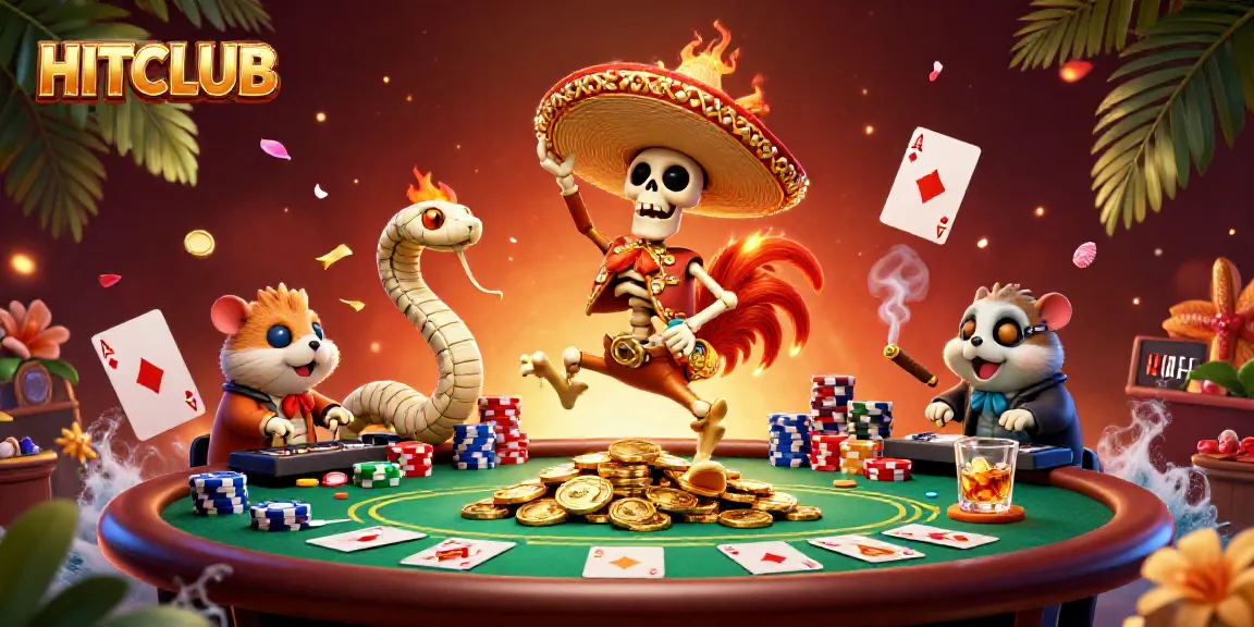 Engage in thrilling moments at HITCLUB with animated skeletons, vibrant poker scenes, and lively casino elements.