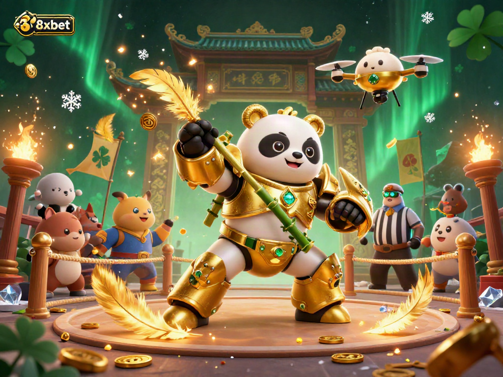Experience thrilling action with 8xbet as a mech-suited golden panda pilots a robotic arena fighter.
