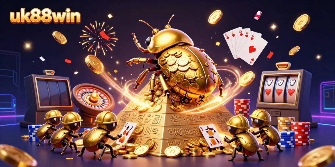 Experience the thrill of winning at uk88win with a golden dung beetle rolling coins and casino symbols.