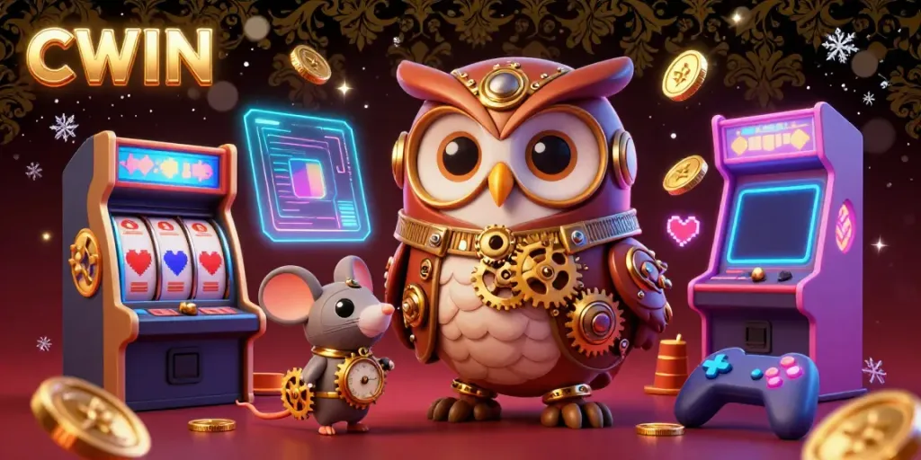 CWIN engages bettors with vibrant 3D casino elements and a time-traveler owl in magical illustration.