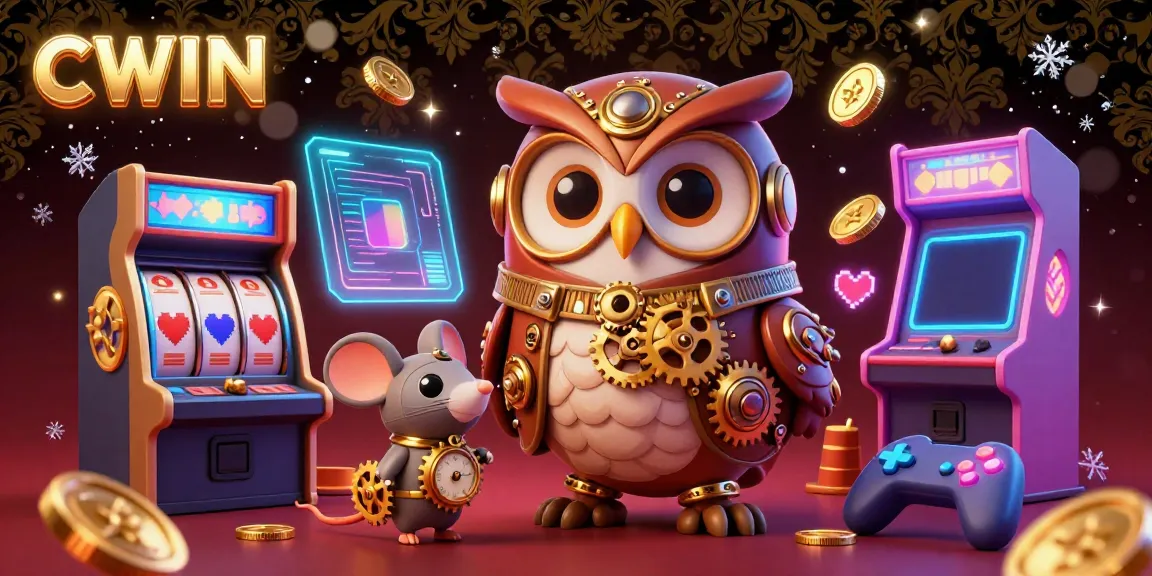 CWIN engages bettors with vibrant 3D casino elements and a time-traveler owl in magical illustration.