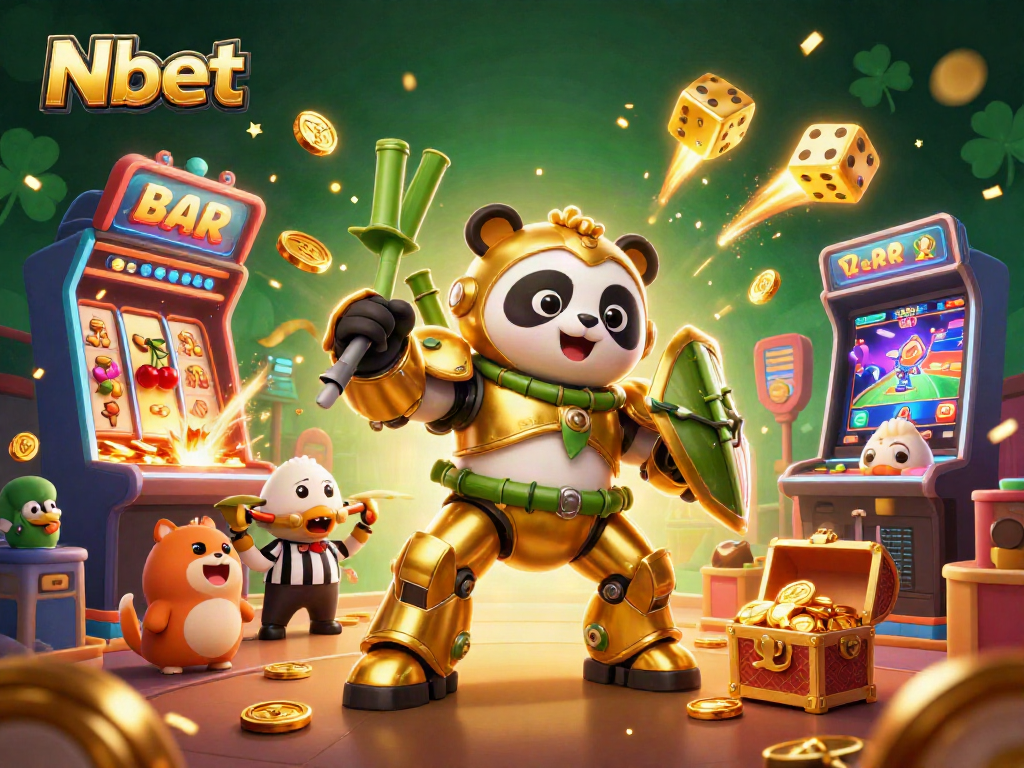 Nbet casino characters pilot exciting wins with golden panda in dynamic slot machine scene.