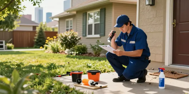 Pest control Calgary expert inspecting foundation for pest prevention.