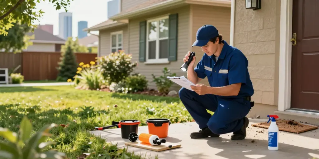 Pest control Calgary expert inspecting foundation for pest prevention.