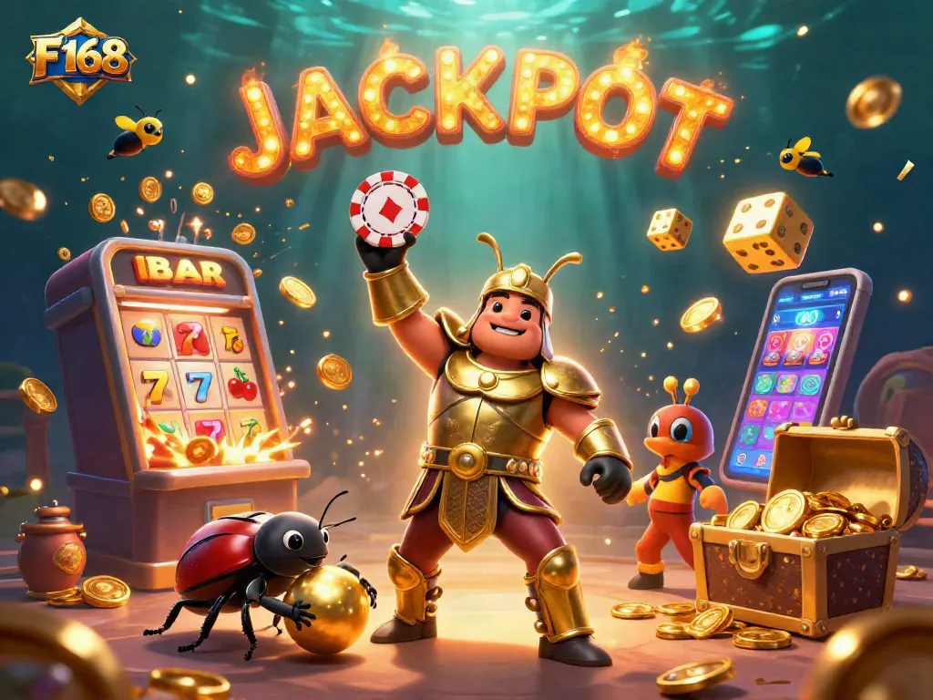 Experience F168's thrilling jackpot excitement with a vibrant 3D casino scene.