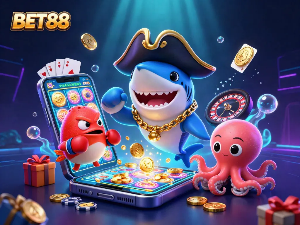BET88 trải nghiệm chơi game đa dạng với cá mập và các biểu tượng slot tiền vàng.