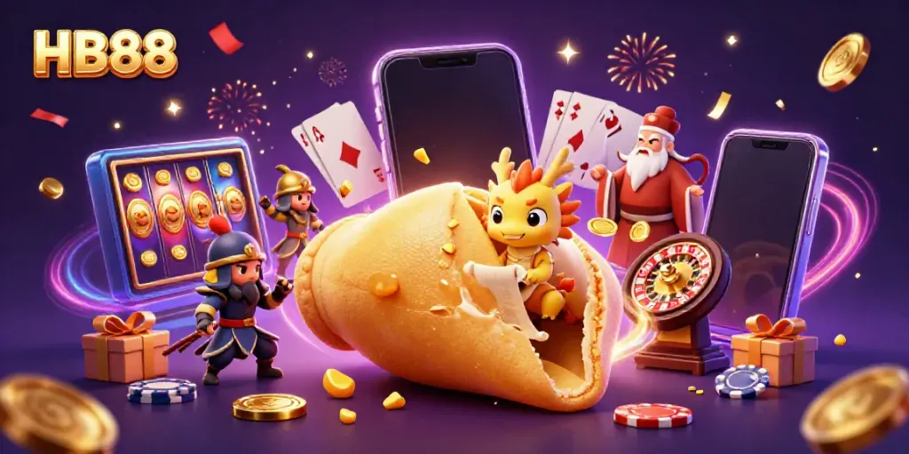 Experience excitement at HB88 as a tiny wise dragon reveals golden fortunes in an animated casino scene.