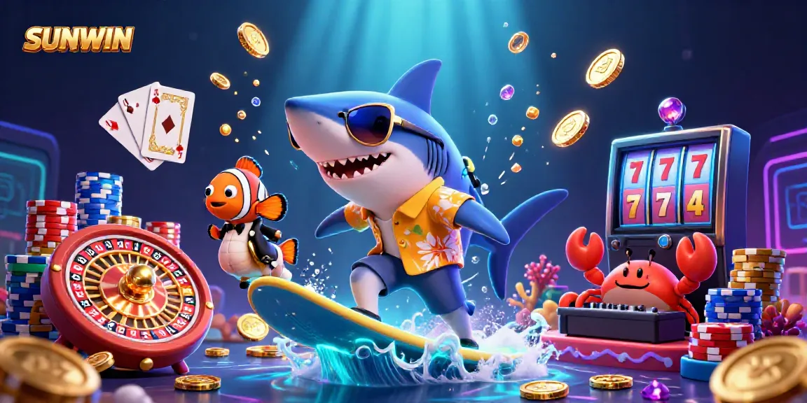 SUNWIN casino adventure with a hammer-head shark surfing gold coins and a crab DJ in an underwater scene